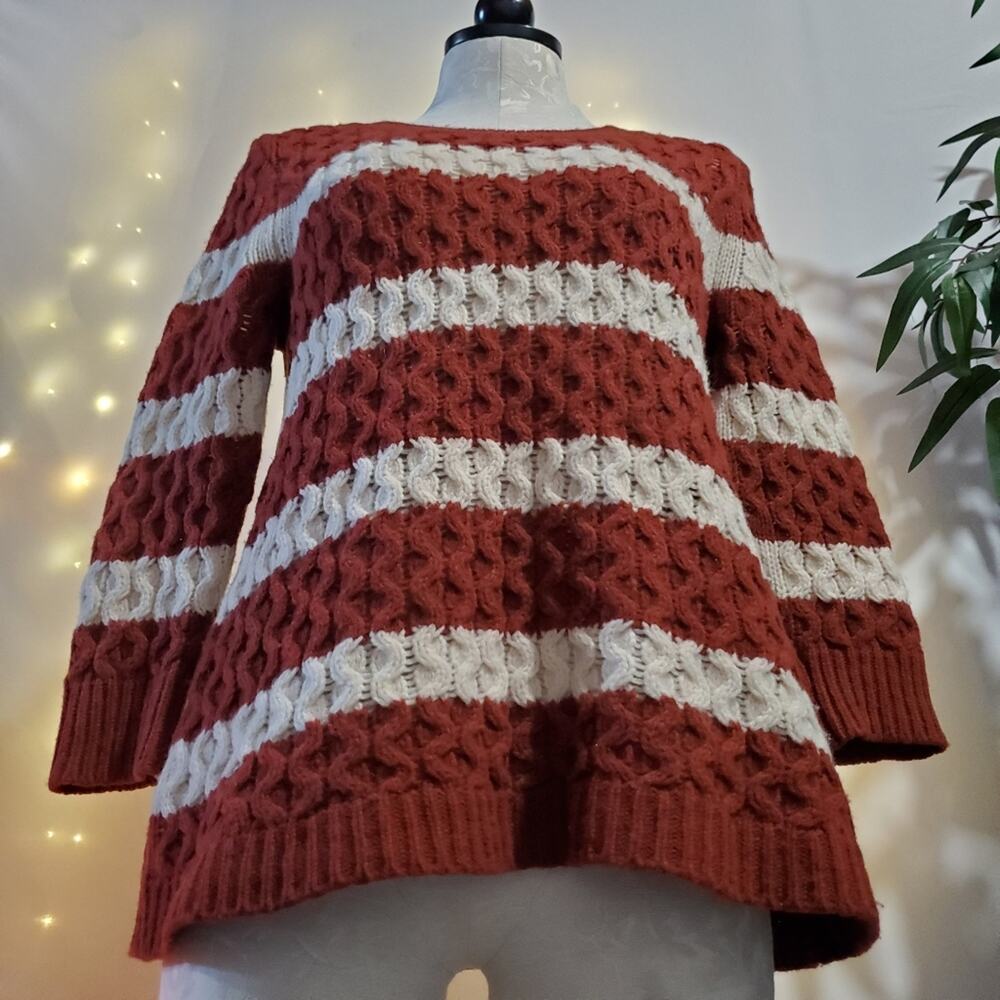 J. Crew 100% Merino Wool Striped Cable Knit Sweater Rust Orange White Women's XS - Picture 5 of 8